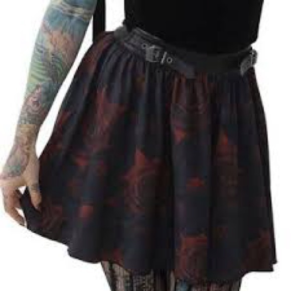 Killstar Dresses & Skirts - Killstar Blood Rose Skirt black red rose pattern & faux leather waistband, L.